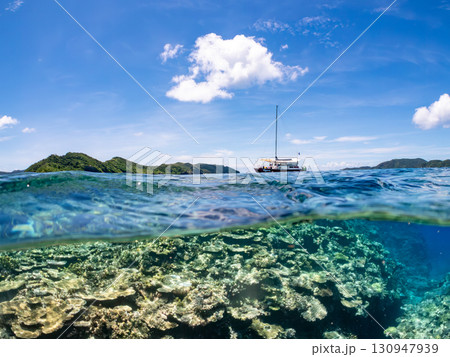 カタマランヨットのダイビングクルーズ船の半水面撮影。美しいサンゴ礁と熱帯魚の群れ。 沖縄県島尻郡慶良 カタマランヨットのダイビングクルーズ船の半水面撮影。美しいサンゴ礁と熱帯魚の群れ。 沖縄県島尻郡慶良 130947939
