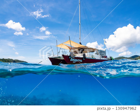 カタマランヨットのダイビングクルーズ船の半水面撮影。美しいサンゴ礁と熱帯魚の群れ。 沖縄県島尻郡慶良 130947962