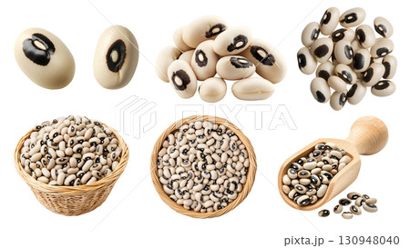 Black-eyed bean, cowpea, legume seed plant pea vegetable, many angles view, basket, wooden scoop, cluster pile stack isolated on transparent cutout PNG. Mockup template Black-eyed bean, cowpea, legume seed plant pea vegetable, many angles view, basket, wooden scoop, cluster pile stack isolated on transparent cutout PNG. Mockup template 130948040