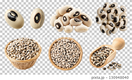 Black-eyed bean, cowpea, legume seed plant pea vegetable, many angles view, basket, wooden scoop, cluster pile stack isolated on transparent cutout PNG. Mockup template Black-eyed bean, cowpea, legume seed plant pea vegetable, many angles view, basket, wooden scoop, cluster pile stack isolated on transparent cutout PNG. Mockup template 130948040