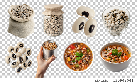 Black-eyed bean, cowpea, legume seed plant pea vegetable, angles view, glass jar bottle cup, cooked gravy, hand hold can, burlap gunny sack, pile group on transparent cutout PNG. Mockup template 130948041