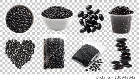 Black turtle bean, Phaseolus vulgaris legume seed plant pea vegetable, many angles view, white bowl, sealed packet pack foil, plastic cup, heart love shape, transparent cutout PNG. Mockup template 130948042