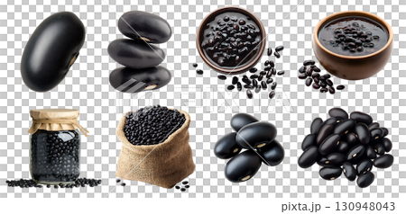 Black turtle bean, Phaseolus vulgaris legume seed plant pea vegetable, many view, glass jar bottle, cooked gravy, burlap gunny sack, pile stack on transparent cutout PNG. Mockup template 130948043