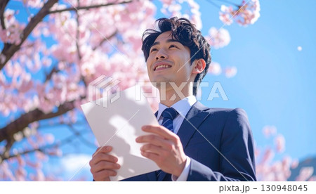 桜とスーツの若い男性 130948045