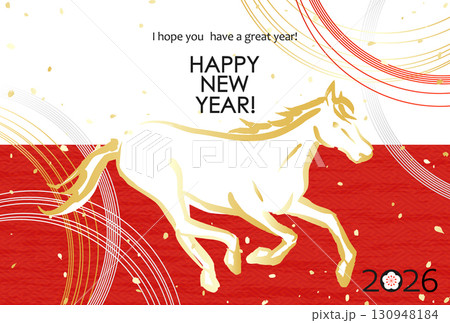 2026年　日本の年賀素材　紅白に馬と水引 130948184