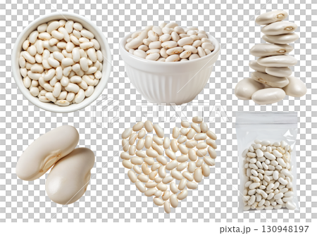White bean, cannellini navy haricot jigna Boston legume seed plant pea vegetable, white bowl, sealed packet pack foil, heart love shape, stack on transparent cutout PNG. Mockup template 130948197