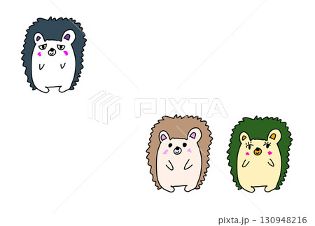 3匹の仲良しハリネズミの手描きデジタルイラストC 130948216