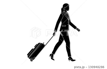 出張や旅行を連想させるキャリーケースを引いた女性のアイコンイラスト 130948286
