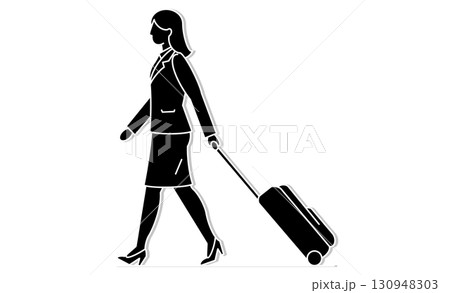 出張や旅行を連想させるキャリーケースを引いた女性のアイコンイラスト 130948303