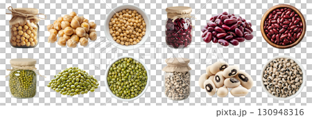 Collection of 4 set of legume seed plant bean, Chickpea chick pea, Black-eyed cowpea, Mung moong green gram, Kidney red bean, pile stack, glass jar, bowl on transparent cutout PNG. Mockup template Collection of 4 set of legume seed plant bean, Chickpea chick pea, Black-eyed cowpea, Mung moong green gram, Kidney red bean, pile stack, glass jar, bowl on transparent cutout PNG. Mockup template 130948316