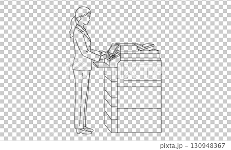 Icon illustration of an office woman operating a copy machine 130948367