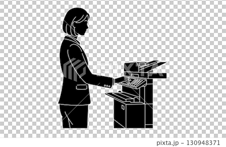 Icon illustration of an office woman operating a copy machine 130948371