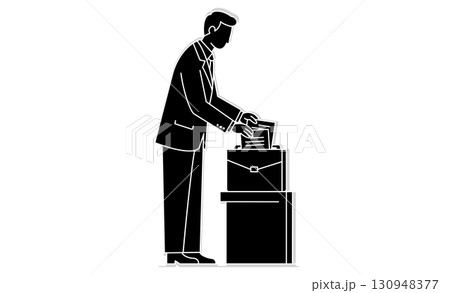 ビジネスマンがカバンに資料や書類を収納する線画アイコンビジネスマンがカバンに資料や書類を収納する線画 130948377