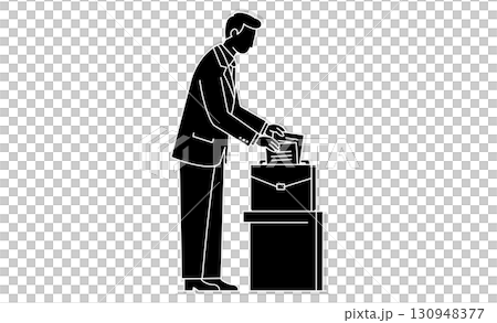 ビジネスマンがカバンに資料や書類を収納する線画アイコンビジネスマンがカバンに資料や書類を収納する線画 130948377