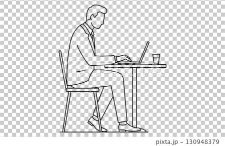 Line drawing icon of a man working remotely using a computer in a cafe 130948379