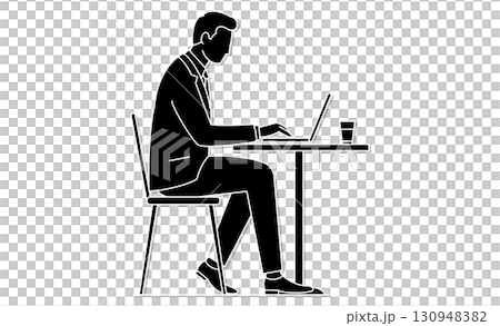 Line drawing icon of a man working remotely using a computer in a cafe 130948382