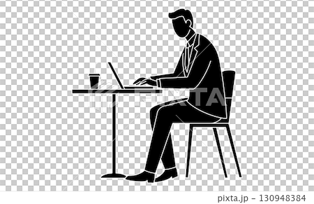 Line drawing icon of a man working remotely using a computer in a cafe 130948384
