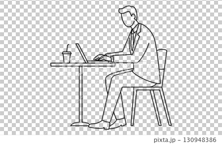 Line drawing icon of a man working remotely using a computer in a cafe 130948386