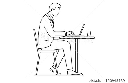 カフェでパソコンを使いリモートワーク中の男性の線画アイコン 130948389