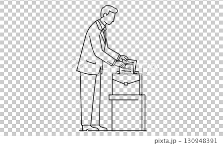 ビジネスマンがカバンに資料や書類を収納する線画アイコン 130948391