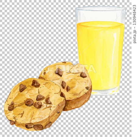 手繪水彩插圖美味的巧克力餅乾和柳橙汁 130948423