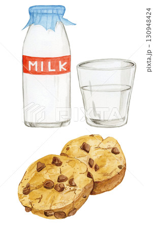 手描き水彩のおいしそうなチョコチップクッキーと牛乳のイラスト 130948424