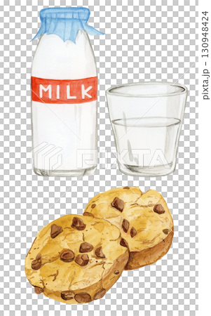 手描き水彩のおいしそうなチョコチップクッキーと牛乳のイラスト 130948424