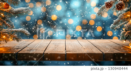 Rustic Winter Background with Pine tree and Festive Bokeh 130948444