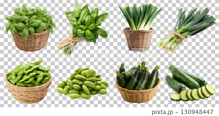 Set of 4 vegetable spice herb in bundle basket, Basil, Zucchini courgette, baby marrow, summer squash, Edamame soybean, Leek, Scallion, spring onion on transparent cutout PNG. Mockup template 130948447
