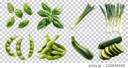 Set of 4 vegetable spice herb in bundle basket, Basil, Zucchini courgette, baby marrow, summer squash, Edamame soybean, Leek, Scallion, spring onion on transparent cutout PNG. Mockup template design	 130948448