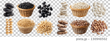 Collection of 4 set of legume seed plant bean, Pinto frijoles speckled, Soybean soya soy , Black turtle, White cannellini, pile basket stack isolated transparent cutout PNG. Mockup template 130948502