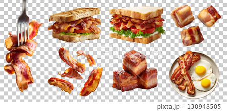 Collection set of crispy fried bacon meat salt-cured pork, in strips slice cubes pieces, stack pile, sandwich, on fork, breakfast egg on transparent cutout PNG. Mockup template 130948505