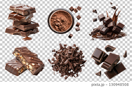 Chocolate bar piece block, melt pieces drip, pile stack cream, cocoa powder, shaving curl sweet candy dessert on transparent cutout PNG. Many different style,. Mockup template 130948508