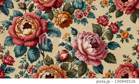Colorful rose pattern with yellow, pink, and red flowers on beige fabric, creating a shabby chic vintage style background, perfect for adding a soft, floral touch to any space. 130948526