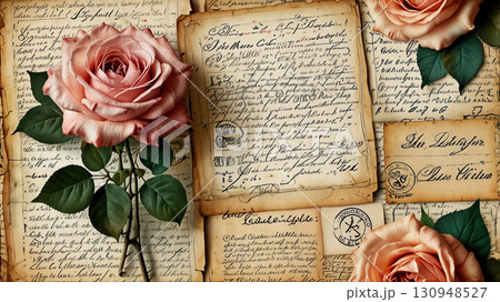 Rustic shabby chic wallpaper featuring a beautiful mix of roses and vintage letters. Warm tones and intricate design create a soft, gentle vintage feel, perfect for any romantic space. 130948527