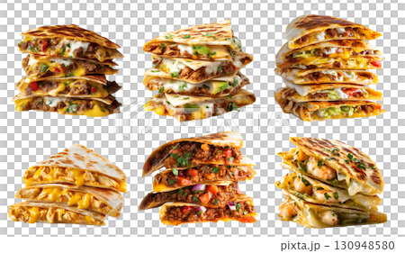 Set of quesadilla tortilla, with different ingredients fish kebab beef cheese lamb chicken salsa chili vegetable guacamole on transparent cutout PNG. Mockup template  130948580