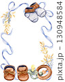 Watercolor baby shoes border with ribbon and pacifier 130948584