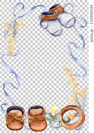 Watercolor baby shoes border with ribbon and pacifier Watercolor baby shoes border with ribbon and pacifier 130948584