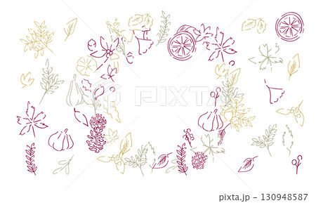 秋の落ち葉と木の実のベクターイラスト。葉っぱの秋植物イラスト。秋の線画背景。 130948587