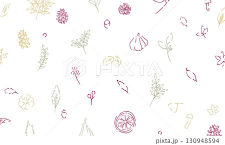 秋の落ち葉と木の実のベクターイラスト。葉っぱの秋植物イラスト。秋の線画背景。 130948594