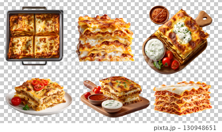 Set of Lasagna Lasagne noodle pasta, with different ingredients style, beef cheese ragu bolognese sauce, baking tray, serve wooden board, plate on transparent cutout PNG. Mockup template 130948651