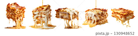 Set of Lasagna Lasagne melting cheesy noodle pasta, many angles view side dripping filled with melted cheese isolated on transparent cutout PNG. Mockup template 130948652