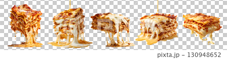 Set of Lasagna Lasagne melting cheesy noodle pasta, many angles view side dripping filled with melted cheese isolated on transparent cutout PNG. Mockup template 130948652