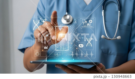 A doctor using a digital interface to analyze patient data and health information. 130948663
