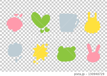 Pastel colored hand-drawn silhouette icon set including flowers, hearts, bears, and rabbits | Stars, mugs, dresses 130948729