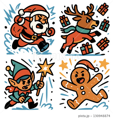 Santa Claus, reindeer, elf, and gingerbread man cartoon characters with gifts and festive energy Santa Claus, reindeer, elf, and gingerbread man cartoon characters with gifts and festive energy 130948874