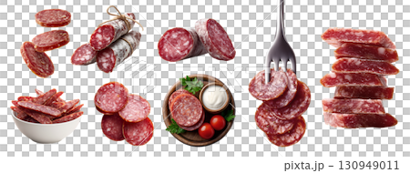 Set of Salami salume cured sausage fermented dried meat, pork beef chicken, fork, platter wooden plate, flying bundle strips sliced pile stack on transparent cutout PNG. Mockup template 130949011