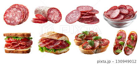 set of Salami salume cured sausage fermented dried meat, pork beef chicken, Bruschetta, toast sandwich bun, bowl, sliced pile stack on transparent cutout PNG. Mockup set of Salami salume cured sausage fermented dried meat, pork beef chicken, Bruschetta, toast sandwich bun, bowl, sliced pile stack on transparent cutout PNG. Mockup 130949012