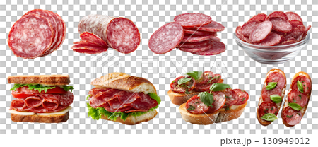 set of Salami salume cured sausage fermented dried meat, pork beef chicken, Bruschetta, toast sandwich bun, bowl, sliced pile stack on transparent cutout PNG. Mockup set of Salami salume cured sausage fermented dried meat, pork beef chicken, Bruschetta, toast sandwich bun, bowl, sliced pile stack on transparent cutout PNG. Mockup 130949012