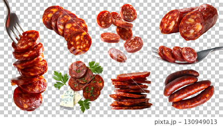 Set of Chorizo cured sausage fermented dried smoky spicy pork meat, with cheese, fork, sliced strips pile stack falling on transparent cutout PNG. Mockup 130949013
